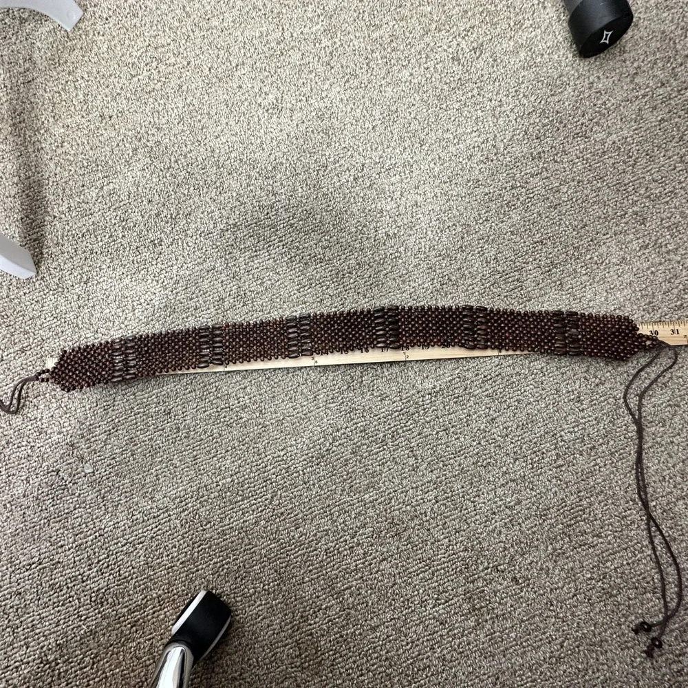 Vintage Brown Wooden Bead Wide Tie Belt Woven Boho Hippie Adjustable Waist
